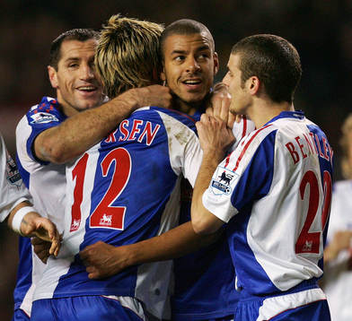  Steven Reid, Blackburn,  jubel med Morten Gamst Pedersen, David Bentley och Shefki Kuqi.