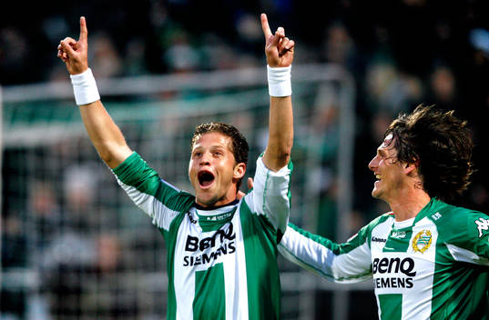  Paulinho Guará och Pétur Marteinsson, Hammarby, jubel.