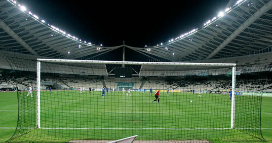 Mål, målbur, nät, fotbollsplan, Olympiastadion i Aten