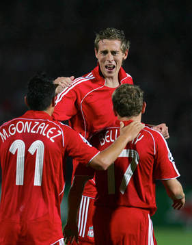  Peter Crouch, Craig Bellamy och Mark Gonzalez, Liverpool, jubel, glädje 