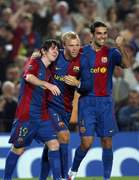  Leo Messi, Eidur Gudjohnsen och Rafael Marquez, Barcelona (Jubel)