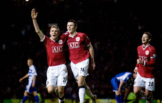  Darren Fletcher och Michael Farrick och Ole Gunnar Solkjaer jubel.