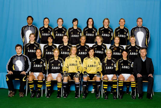  Bakre raden frän vänster, Novy Karlsson, assisterande tränare,  Frida Egebrand, Hanna Jöhnk, Lina Hedkvist, Sanna Valkonen, Laura Kalmari, Jessica Julin, Jörgen Zetterström, tränare.