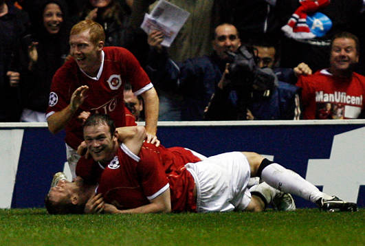  Wayne Rooney, Darren Fletcher och Paul Scholes, Manchester United (Jubel)