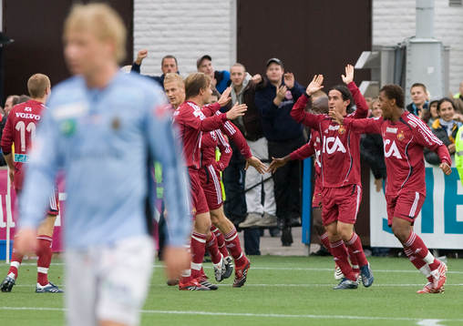  Markus Johannesson, Enrico Cardoso Nazaré och Thiago Quirino Da Silva, Djurgården, jubel.
