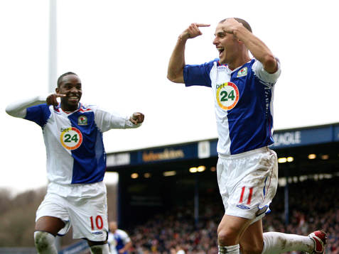  David Bentley och Benni McCarthy, Blackburn, jubel.