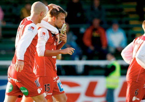  Tobias Nilsson och Joel Johansson, Falkenberg FF, jubel.