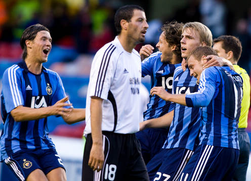  Peter Magnusson, Djurgården, Alejandro Lago, Rosenborg, Andrej Komac, Johan Oremo, och Daniel Sjölund, Djurgården efter 1-0. 