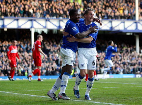  Yakubu och  Phil Jagielka, glädje, jubel.