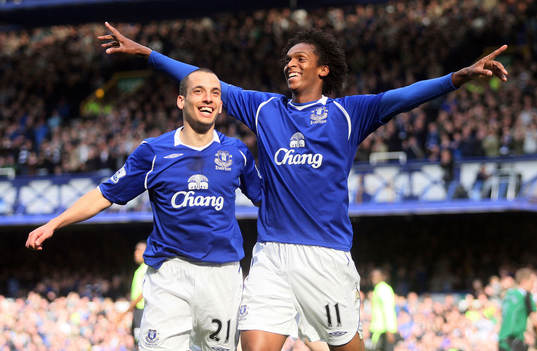  Jo och Leon Osman, Everton, jubel.