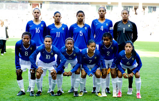 Fotboll, dam, Brasilien, lagbild, startelva