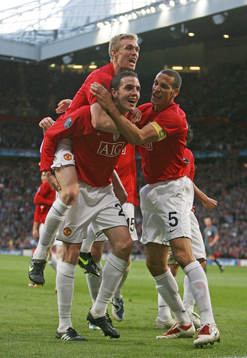  John O'Shea med Darren Fletcher och Rio Ferdinand, Manchester United, glädje, jubel.
