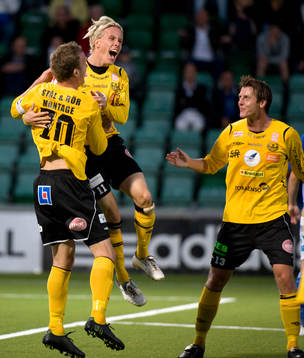  Adam Berner, Mjällby jubel efter att ha kvitterat till 1-1