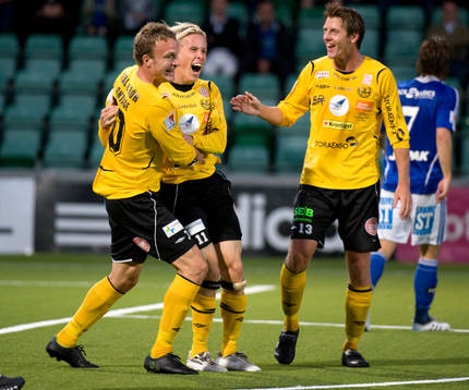  Adam Berner, Mjällby jubel efter att ha kvitterat till 1-1