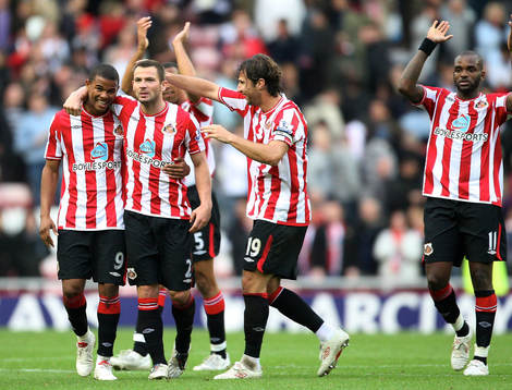  Fraizer Campbell, Phillip Bardsley, Lorik Cana och Darren Bent. Sunderland, glädje, jubel.
