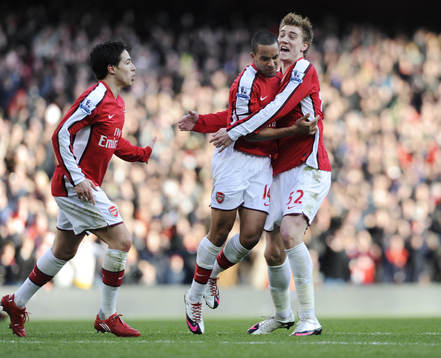  Theo Walcott, Samir Nasri och Nicklas Bendtner, glädje, jubel

