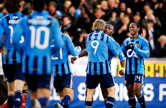  Johan Oremo och Prince Ikpe Ekong, Djurgården, jubel tillsammans efter 1-0-målet.