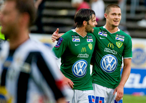   Tomas Backman och Pär Cederqvist, Jönköping jubel efter matchen.