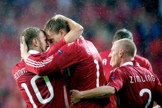  Dennis Rommedahl, Niklas Bendtner, Danmark, jubel.