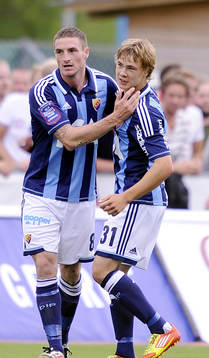  James Keene, Djurgården jubel med Simon Tibbling, efter 1-0. 