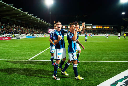  Philip Hellquist, James Keene, Erton Fejzullahu och Kasper Hämäläinen, Djurgården, jublar efter 2-3-målet.