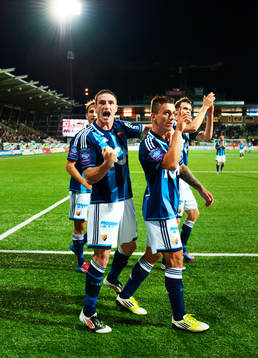  Philip Hellquist, James Keene, Erton Fejzullahu och Kasper Hämäläinen, Djurgården, jublar efter 2-3-målet.