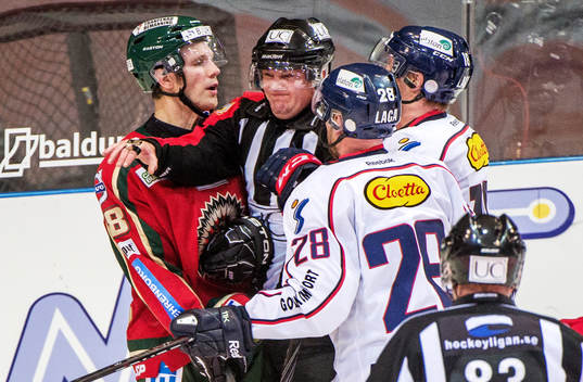 Domare Marcus Vinnerborg, får gå in mellan Fredrik