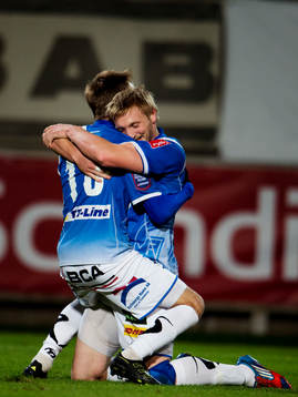  Zoran Jovanovic, Fredrik Jensen, Dennis Melander, Trelleborg jublar vid 1-0.