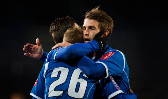  Jonathan Asp, Andreas Grahm, Trelleborg jublar och kramas efter 3-1.