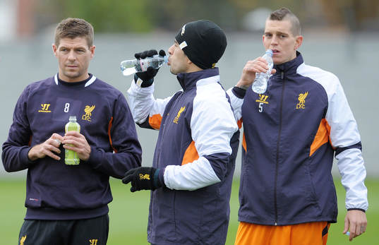l - Liverpool Training  - Liverpool Training Ground - 7/11/12 Liverpool's Steven Gerrard (L), Luis Suarez (C) and Daniel Agger