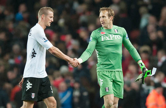 l - Arsenal v Fulham - Barclays Premier League - Emirates Stadium - 10/11/12 Fulham's Mark Schwarzer (R) and Brede Hangeland celebrate