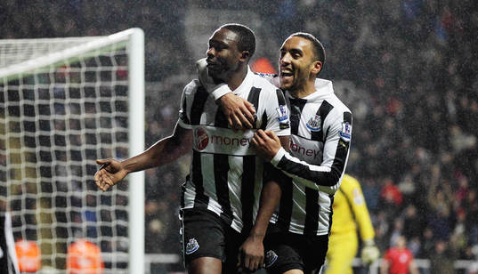 l - Newcastle United v Queens Park Rangers - Barclays Premier League - St James' Park - 22/12/12 Shola Ameobi celebrates with James Perch (R)