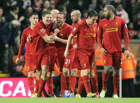  Football - Liverpool v Fulham - Barclays Premier League - Anfield - 22/12/12 Steven Gerrard (L) celebrates with team mates