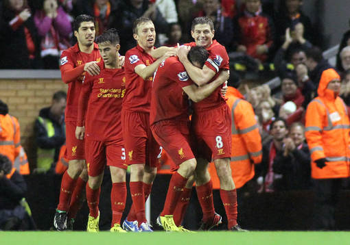  Football - Liverpool v Fulham - Barclays Premier League - Anfield - 22/12/12 Steven Gerrard (R) celebrates with team mates