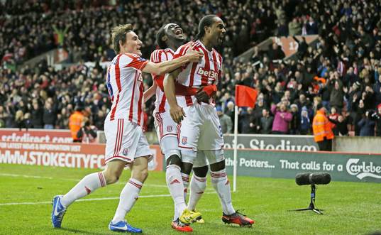  Football - Stoke City v Southampton - Barclays Premier League  - The Britannia Stadium - 29/12/12 Cameron Jerome (R) celebrates with Kenwyne Jones and Dean Whitehead (L)