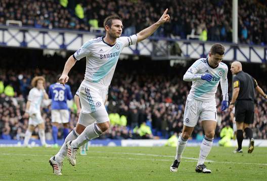  Football - Everton v Chelsea - Barclays Premier League  - Goodison Park - 30/12/12 Frank Lampard celebrates with Eden Hazard (R)