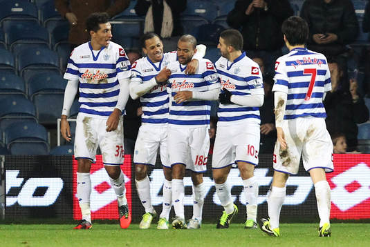 l - Queens Park Rangers v West Bromwich Albion - FA Cup Third Round  - Loftus Road - 5/1/13 Kieron Dyer (C) celebrates scoring QPR's first goal with team mates