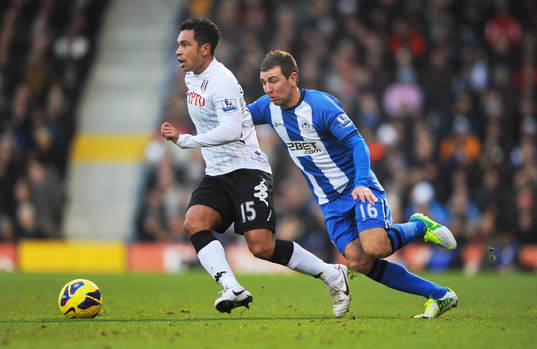  Football - Fulham v Wigan Athletic - Barclays Premier League - Craven Cottage - 12/1/13 Kieran Richardson of Fulham (L) and James McArthur of Wigan in action