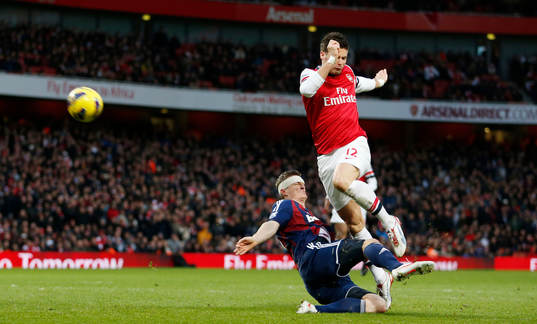 l - Arsenal v Stoke City - Barclays Premier League  - Emirates Stadium - 2/2/13 Arsenal's Olivier Giroud (R) in action with Stoke's Robert Huth 