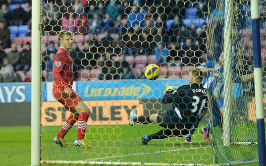 l - Wigan Athletic v Southampton - Barclays Premier League  - DW Stadium - 2/2/13 Wigan's Shaun Maloney (R) scores the second goal for Wigan