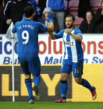 l - Wigan Athletic v Southampton - Barclays Premier League  - DW Stadium - 2/2/13 Shaun Maloney celebrates with Franco Di Santo (L)