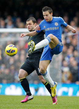 l - Chelsea v Wigan Athletic - Barclays Premier League - Stamford Bridge - 9/2/13 Chelsea's Cesar Azpilicueta and Wigan Athletic's Shaun Maloney (L) in action