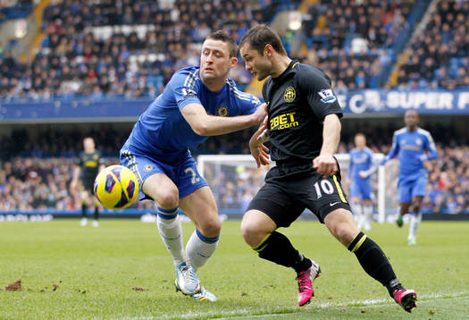 l - Chelsea v Wigan Athletic - Barclays Premier League - Stamford Bridge - 9/2/13 Chelsea's Gary Cahill (L) and Wigan Athletic's Shaun Maloney in action