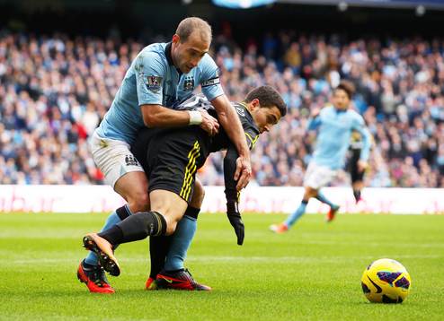 l - Manchester City v Chelsea - Barclays Premier League  - Etihad Stadium - 24/2/13 Chelsea's Eden Hazard (R) in action with Manchester City's  Pablo Zabaleta