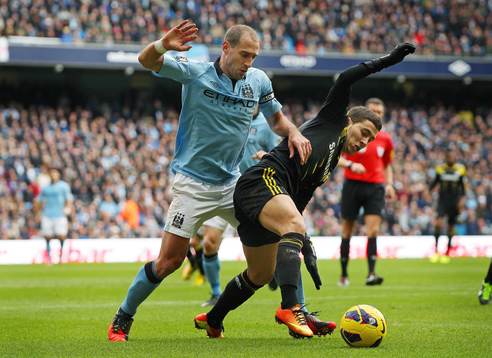 l - Manchester City v Chelsea - Barclays Premier League  - Etihad Stadium - 24/2/13 Chelsea's Eden Hazard (R) in action with Manchester City's  Pablo Zabaleta