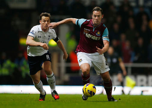  Football - West Ham United v Tottenham Hotspur - Barclays Premier League  - Upton Park - 25/2/13 Tottenham Hotspur's Scott Parker (L) in action with West Ham's Kevin Nolan  
