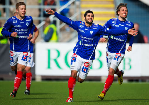  Anton Tinnerholm, Imad Zatara och Martin Christensen, Åtvidaberg, jublar efter 1-0-målet.