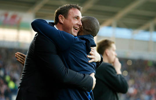 l - Cardiff City v Charlton Athletic - npower Football League Championship - Cardiff City Stadium  - 16/4/13 Cardiff City manager Malky Mackay (L) and Charlton Athletic manager Chris Powell before the game