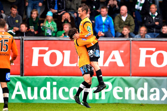 Varbergs Ardian Rexhepi och Joakim Sjöhage jublar