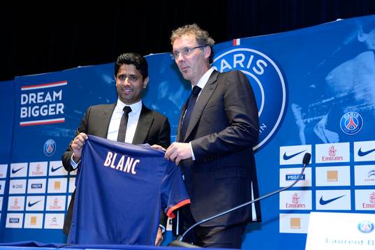  Fotboll, Paris Saint German: Nasser Al Khelaifi / Laurent BLANC - 27.06.2013 - Presentation du nouvel entraineur du Paris Saint Germain - Conference de Presse - 